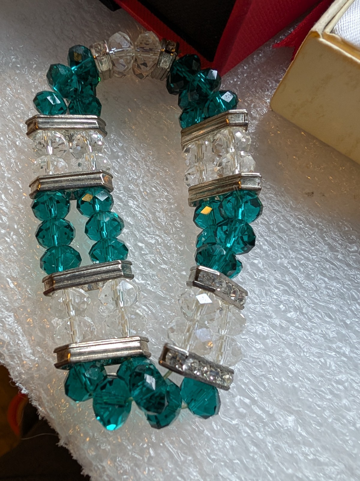 Vintage Green & Clear Beaded + Silver Crystal Spacers Elasticated Bracelet 30g