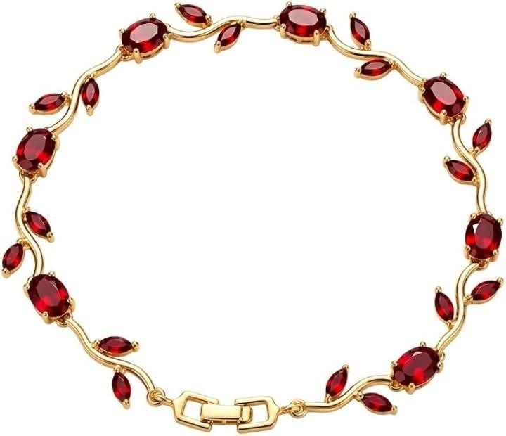 18K Gold Plated Ruby Red Crystal Vine Leaf Bracelet Stainless Steel 20cm