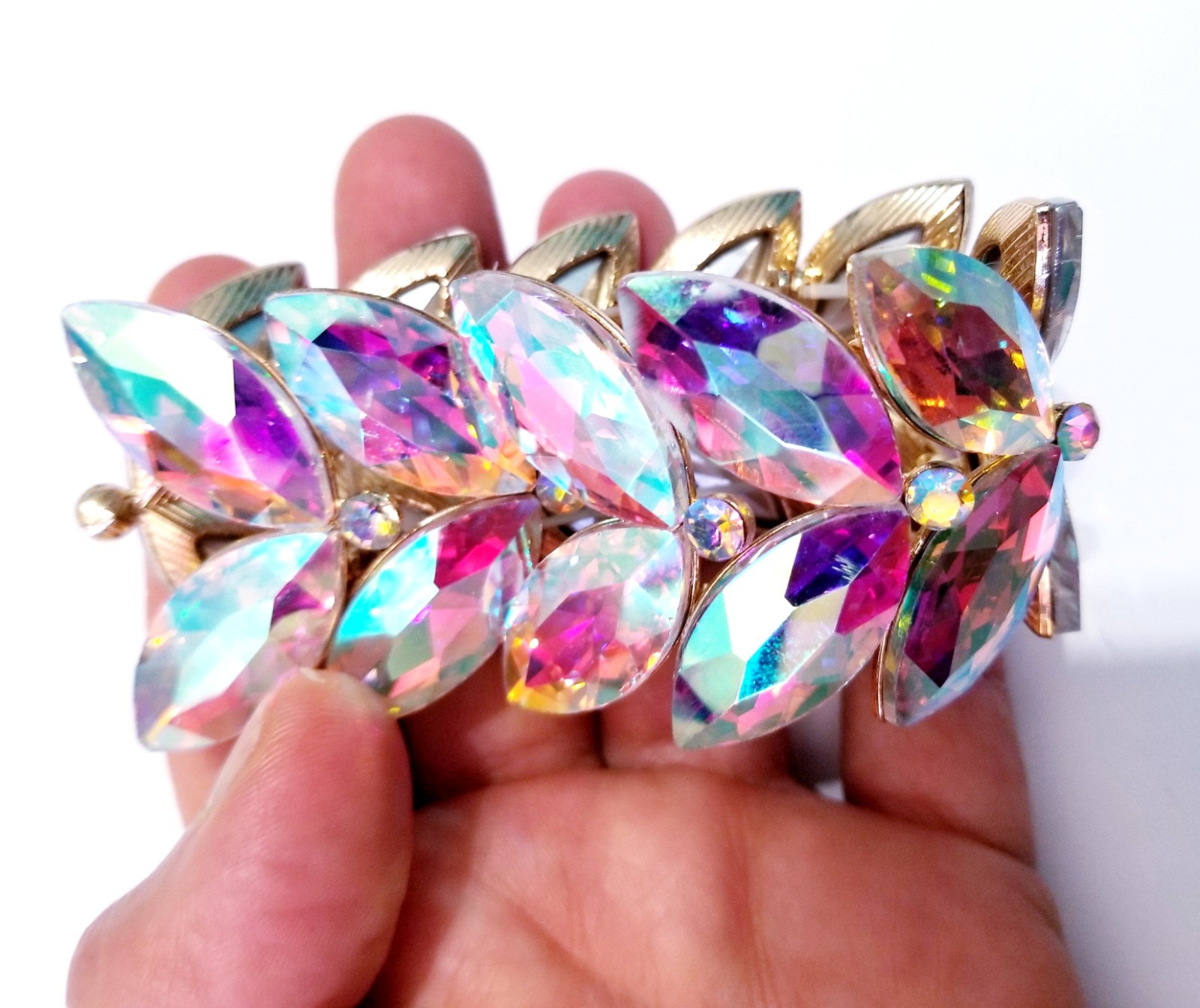 Iridescent Gold Rhinestone Stretch Bracelet Statement Drag Pageant Prom Bridal