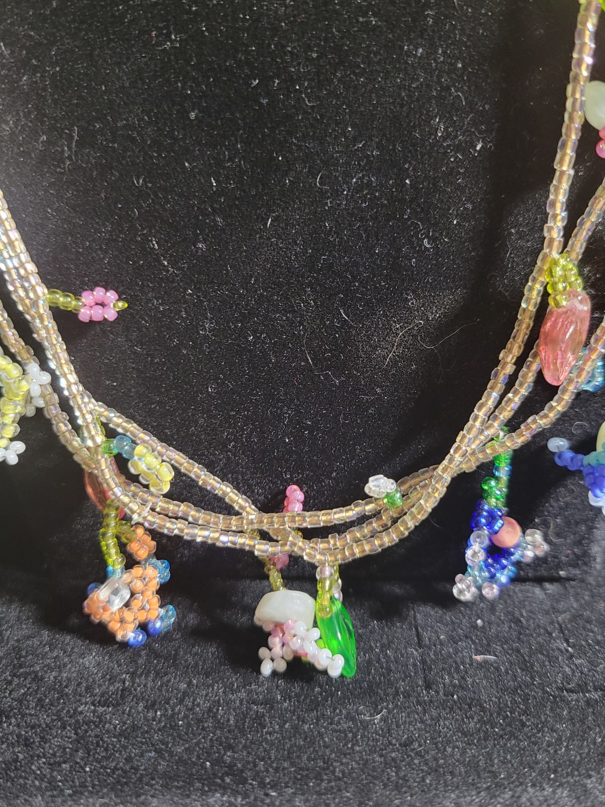 24″ Vintage Garden Multi Strand Glass Seed Bead Necklace Natural Stone Chips