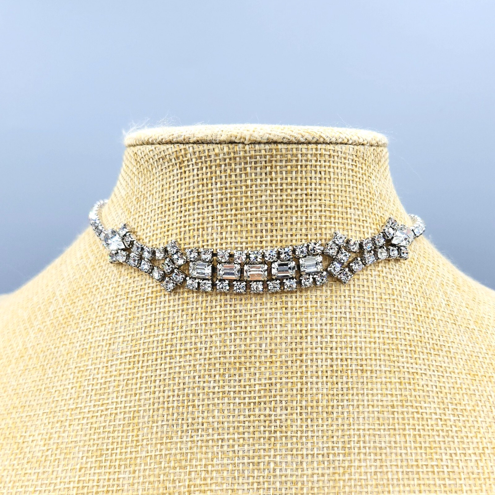 Vintage Baguette Pear Chaton Rhinestone Fancy Dog Collar Choker Necklace 15″