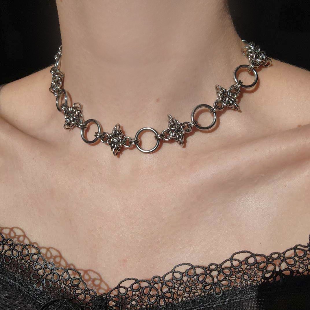 Goth chunky silver choker necklace with spikes