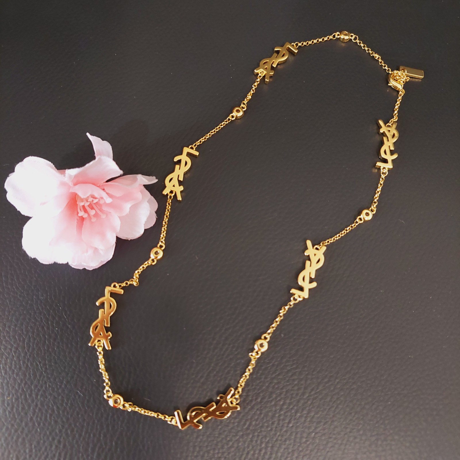 Auth. Yves Saint Laurent Signature YSL Logo Choker Crystal Studded Necklace