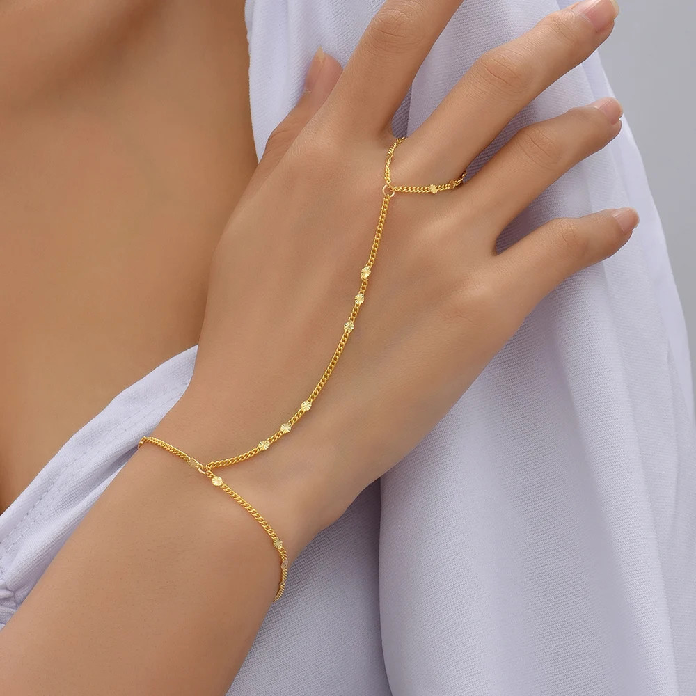 Gold Tone Chain Bracelet with Finger Ring Link Hand Harness Jewelry Women 1 Pc