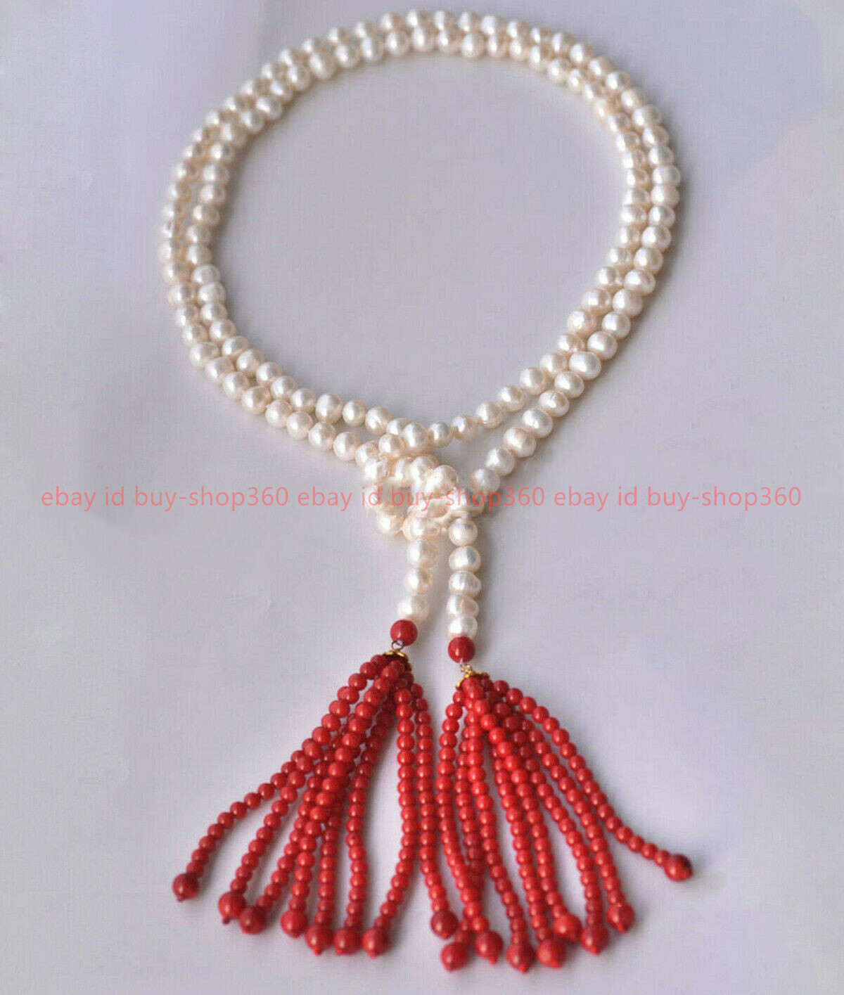 7-8mm Natural White Round Freshwater Pearl 4mm Red Coral Tassels Necklace 48″
