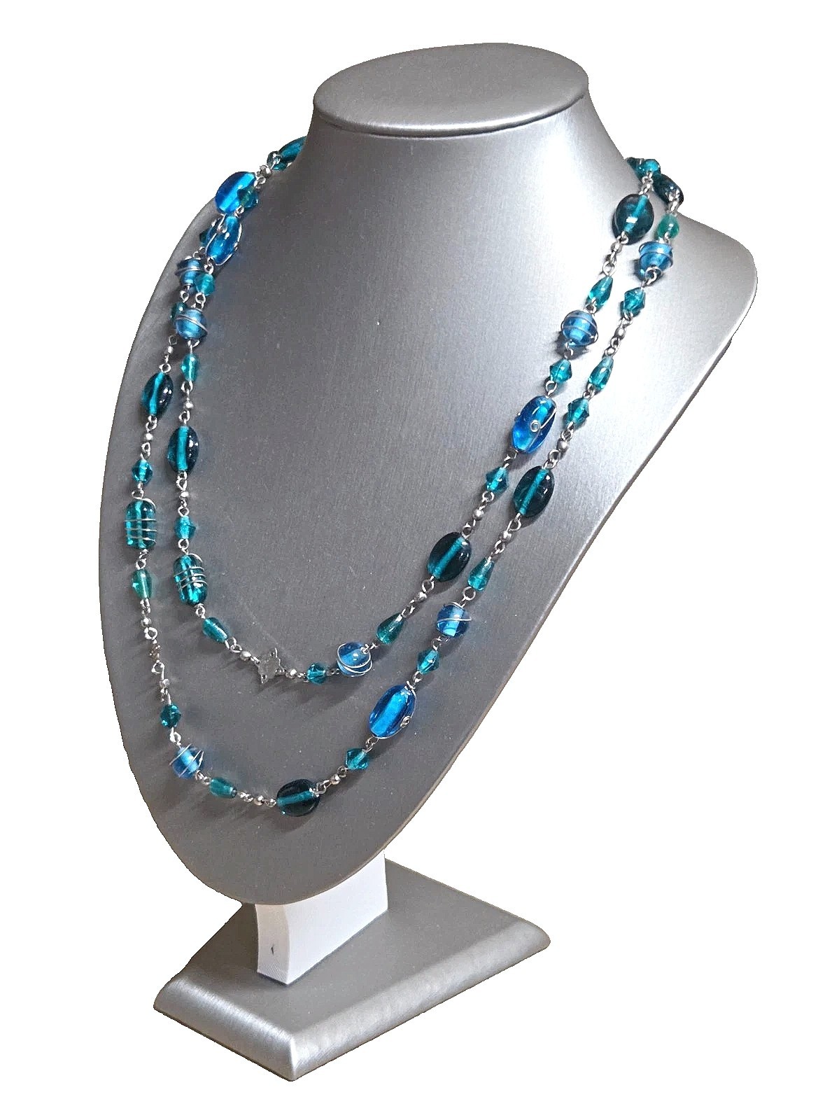 Vintage Wire Wrapped Faceted Blue Glass Beads Necklace Flapper Length 48 in.