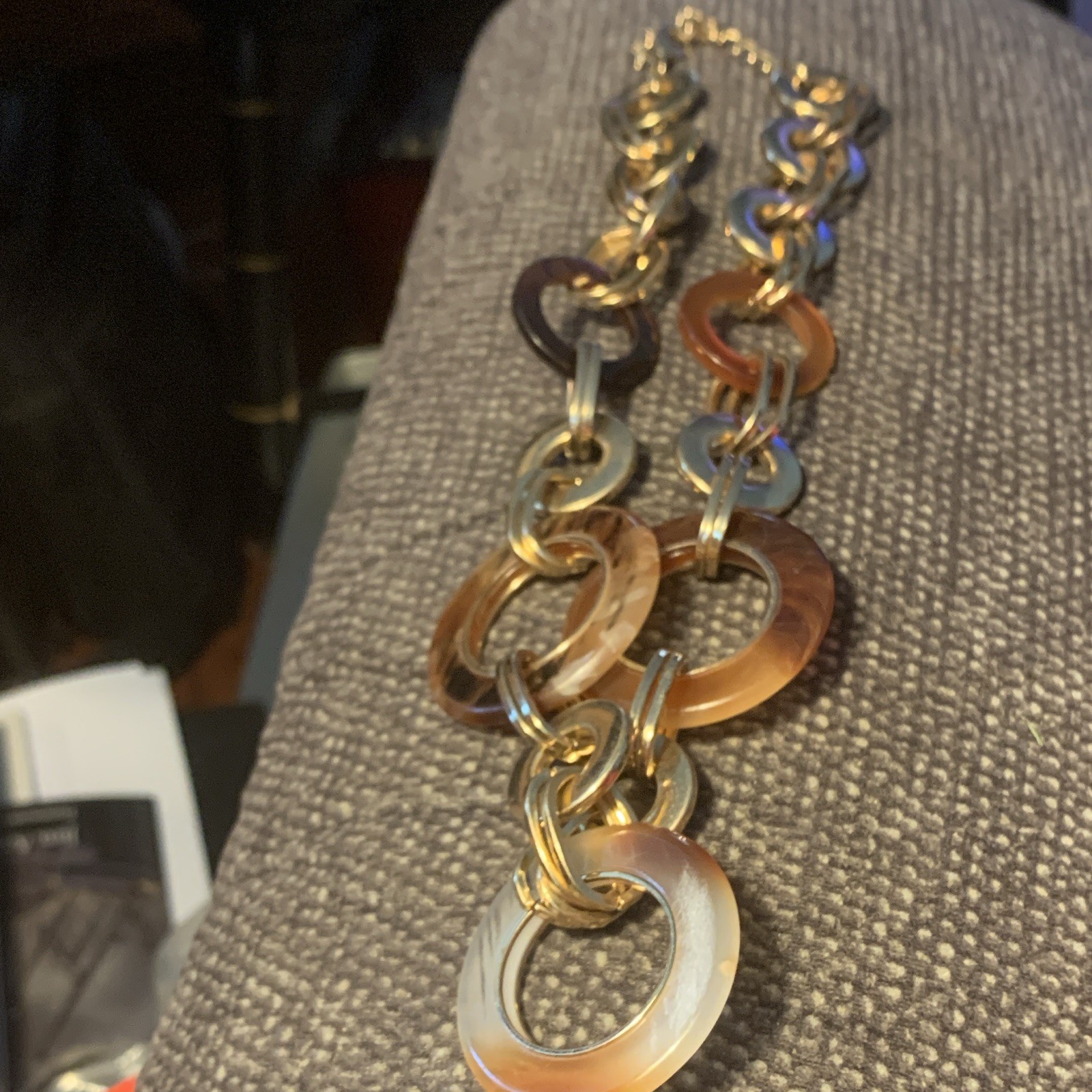 Gold Tone Cable Chain Necklace Brown Clear Ring Links Adjustable Lobster