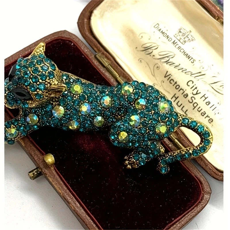 Vintage Leopard Brooch Pin – Animal Green & Golden Pins Jewelry