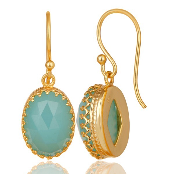 Aqua Chalcedony Oval Crown Shape Drop Earring-All Color Available Free Shipping