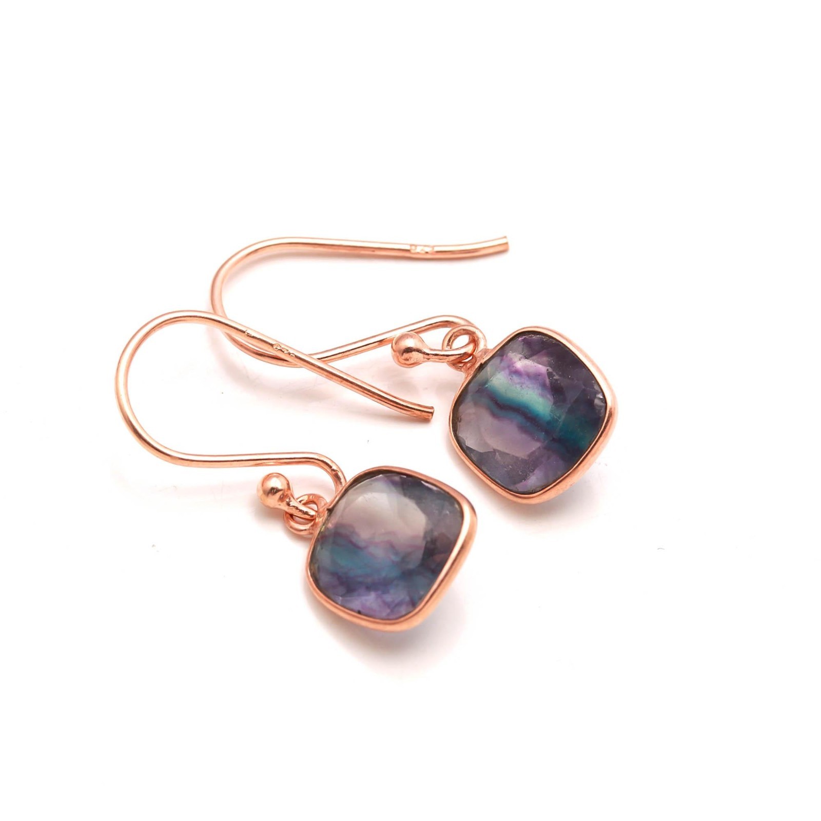 Natural Fluorite Cushion Dangle Earrings Rose Gold Plated Solid Silver Jewelry