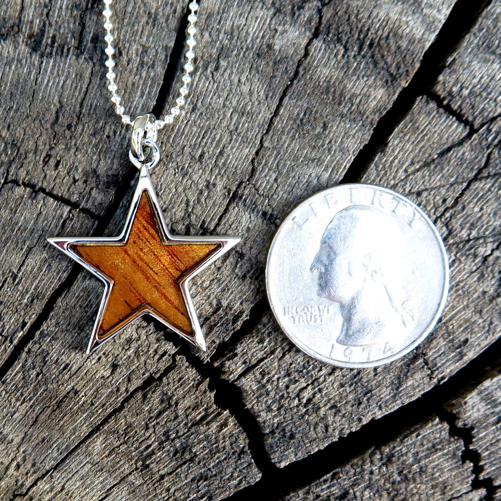Hawaiian Jewelry Koa Wood Scroll Star Rhodium Plated Brass Pendant BRP1074