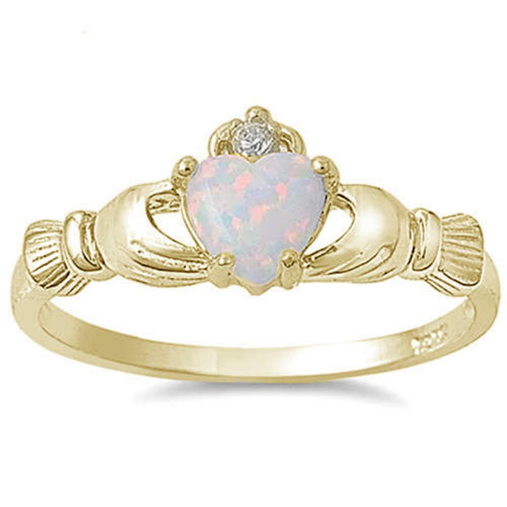 Yellow Gold Plated White Opal Claddagh .925 Sterling Silver Ring