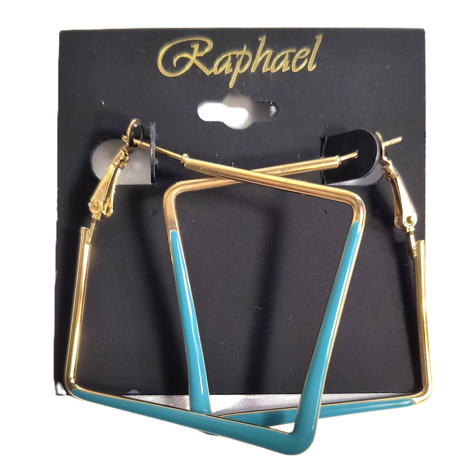 New Raphael Square Hoops Two Tone Teal and Goldplated Metal 1 3/4″ Snap Lock