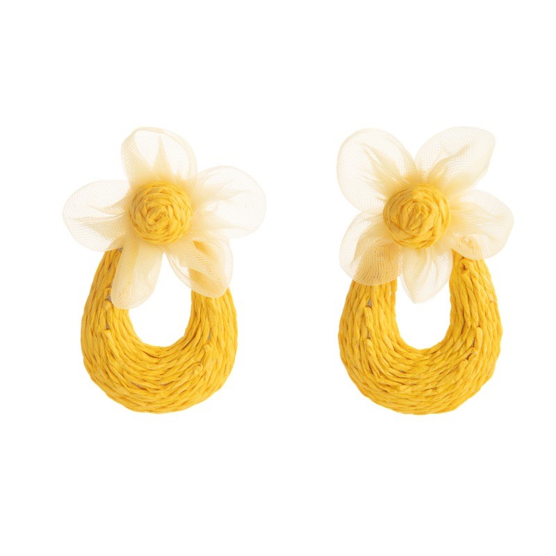 Woven Lafite Grass Pendant Earrings Women’s Vacation Style Mesh Flower Ear Studs