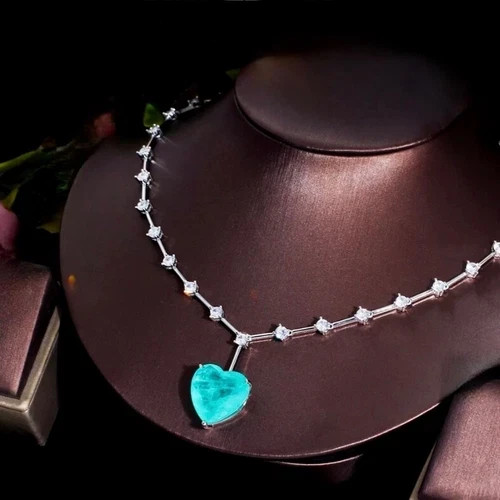 18k White Gold Plated Big Heart Blue Gemstone Pendant Necklace Wedding Jewelry