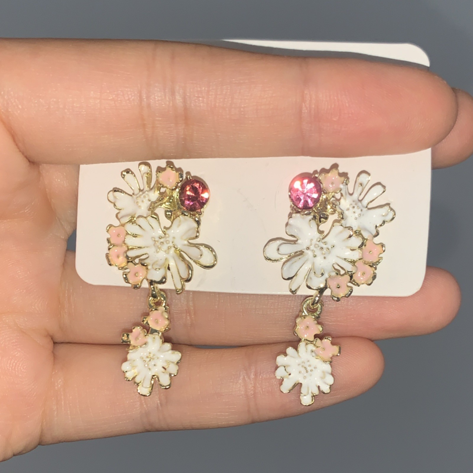 Pink Crystal Rhinestone & White Enamel Flower Dangle Earrings, Butterfly