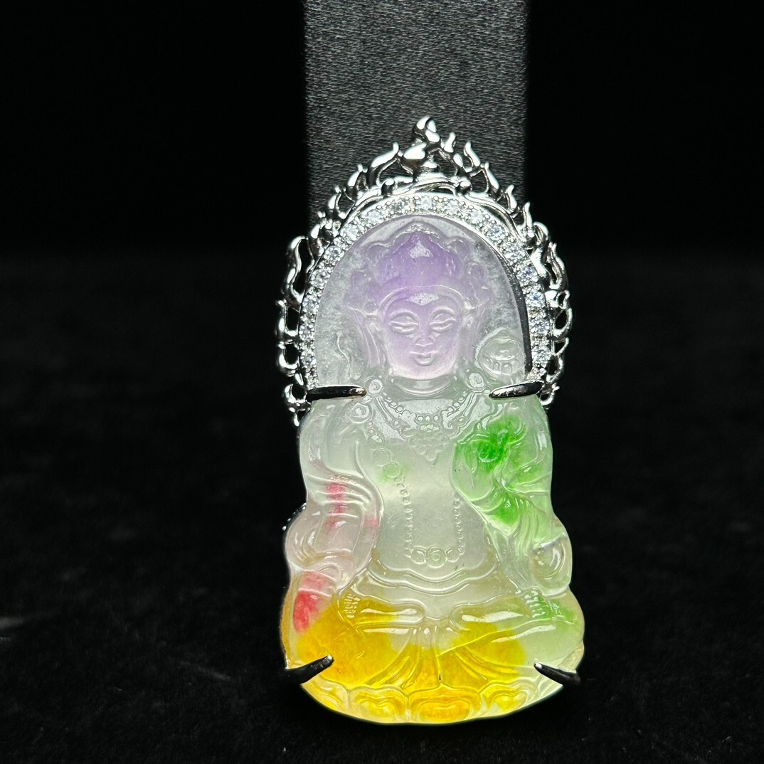 Nature inlay ice Burmese jade Jadeite Carved kwan-yin lucky Pendant&Necklaces
