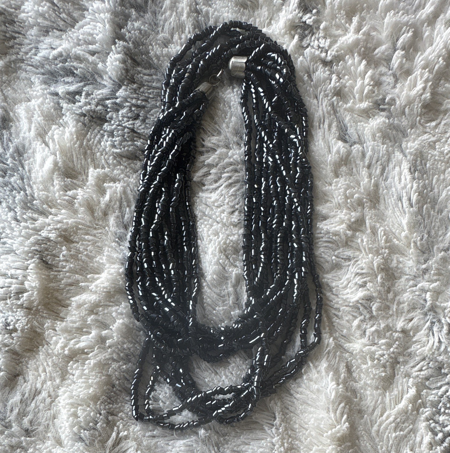 Vintage Black Multi-Strand Glass Beaded Statement Necklace, Silver Tone Clasp