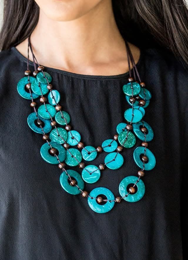 Silver Tone Blue Round Wood Disc Multi-Strand Necklace & Drop Earrings Set