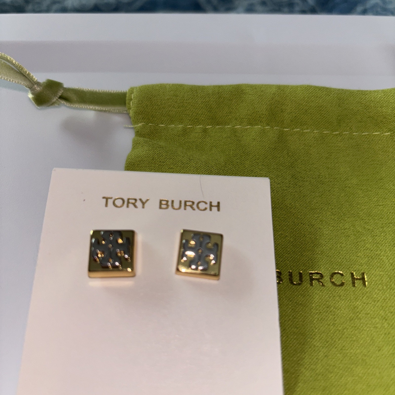 Authentic Tory Burch 18K Gold Plated Small Logo Stud Earrings Silver and Gold