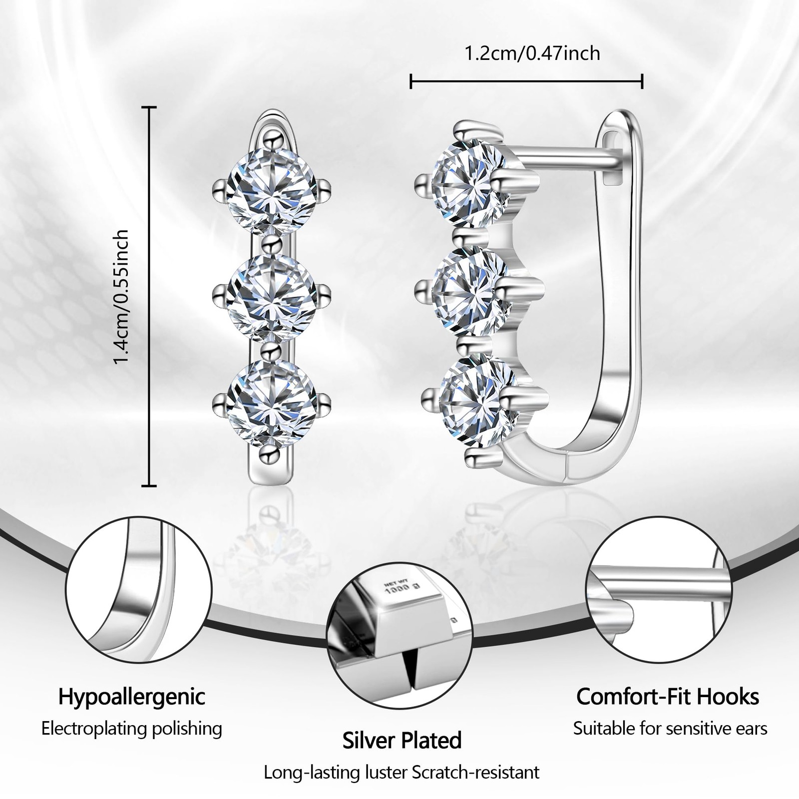 Silver Cubic Zirconia Hoop Earrings for Women Small 12mm x 14mm,
