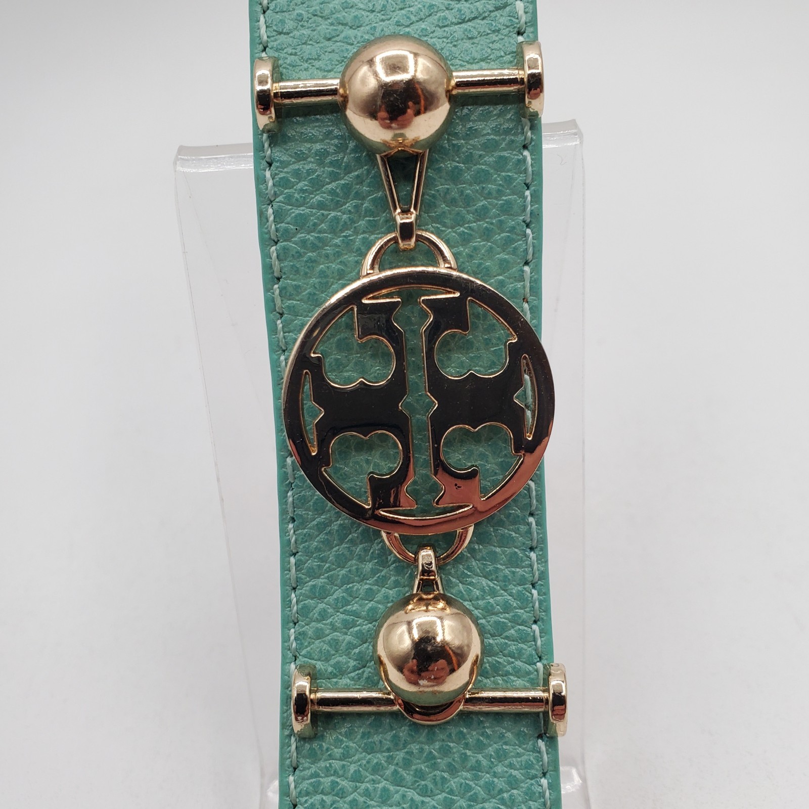 TT Monogram Wrap Bracelet 1in Wide Mint Green Pebble Leather Gold Tone Hardware