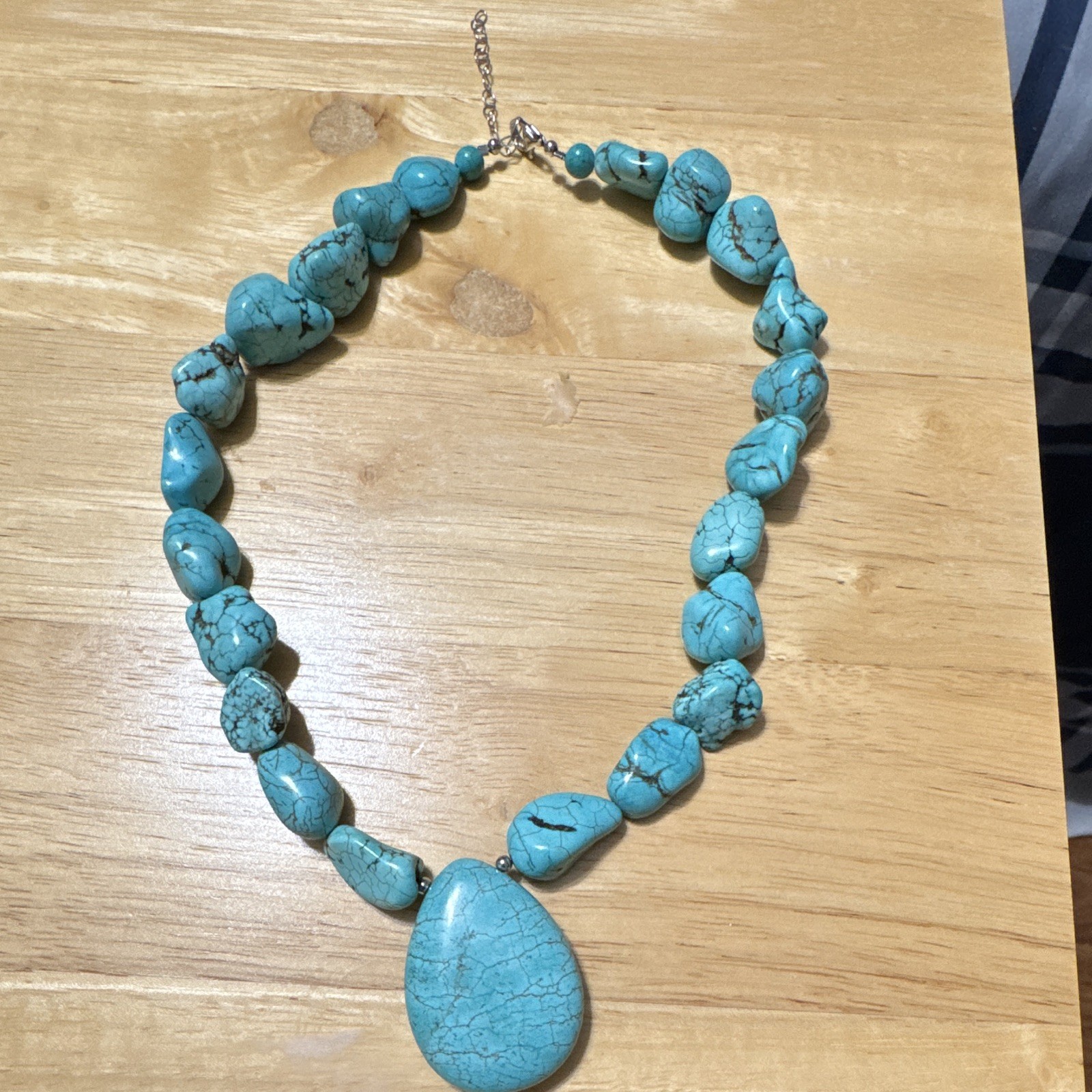 Turquoise Blue Beaded Necklace Teardrop Charm Pendant Adjustable Cable Chain