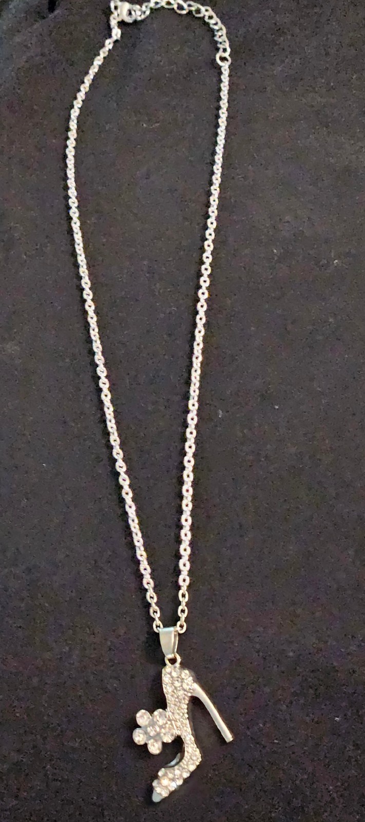 Rhinestone High Heel Shoe Flower Pendant Necklace Silver Tone 12 Inches
