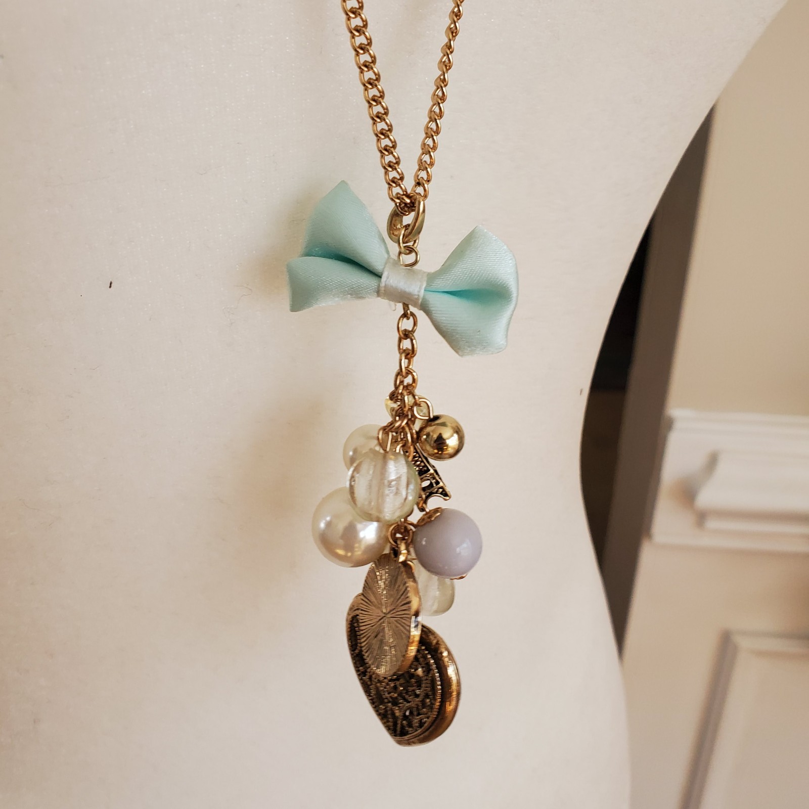 Paris Icons Long Necklace Goldtone – Musee d’Orsay Clock & Eiffel Tower – Heart