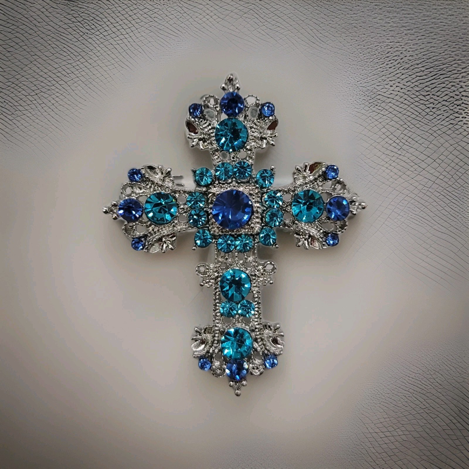 Blue & Clear Crystal Court Rhinestone Cross Brooch – Baroque Style Pin