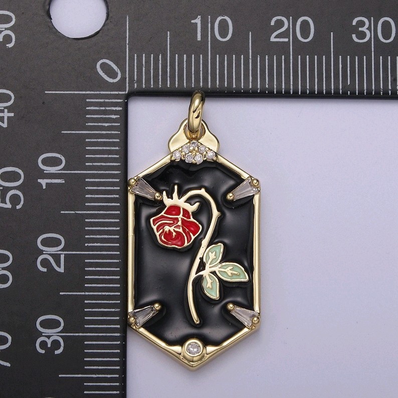 Dainty hexagon red rose pendant fairytale inspired in black diy fashion