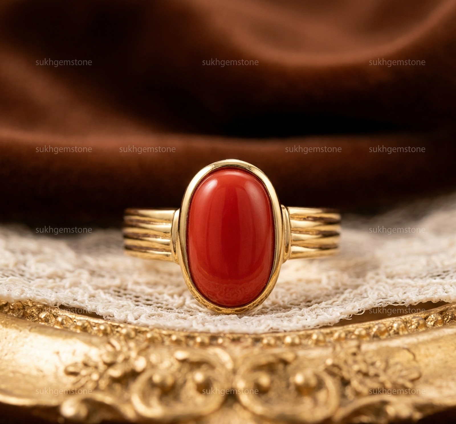 Red Coral Ring, Brass Gold Alloy , Birthday Gift Her, Women Ring