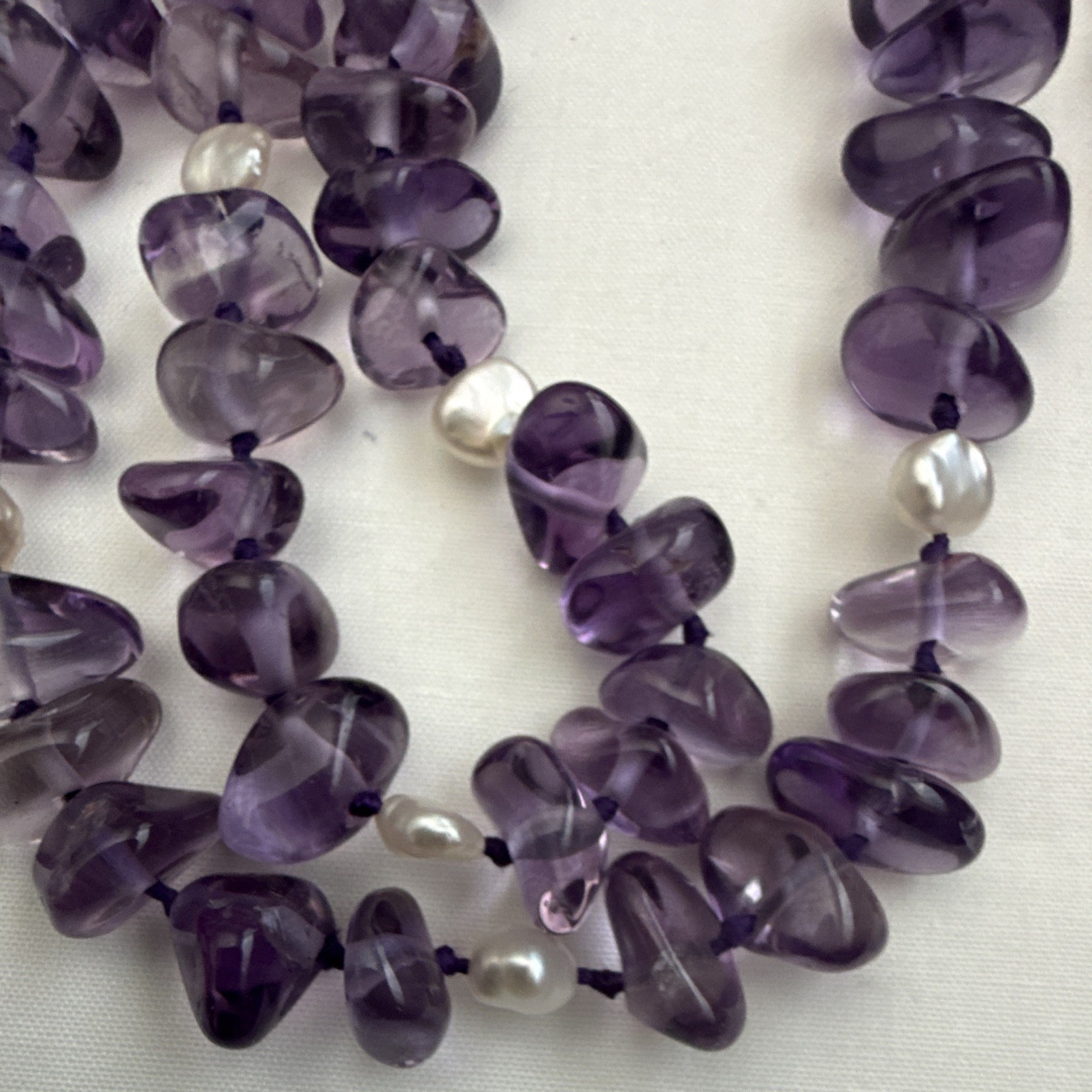 Genuine Amethyst nugget Beaded Strand Necklace freshwater pearl spacer.