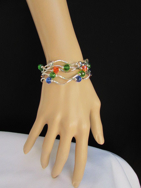 WOMEN SILVER GREEN BLUE ORANGE BEADS FASHION JEWELRY 5 BANGLE STRANDS BRACELET