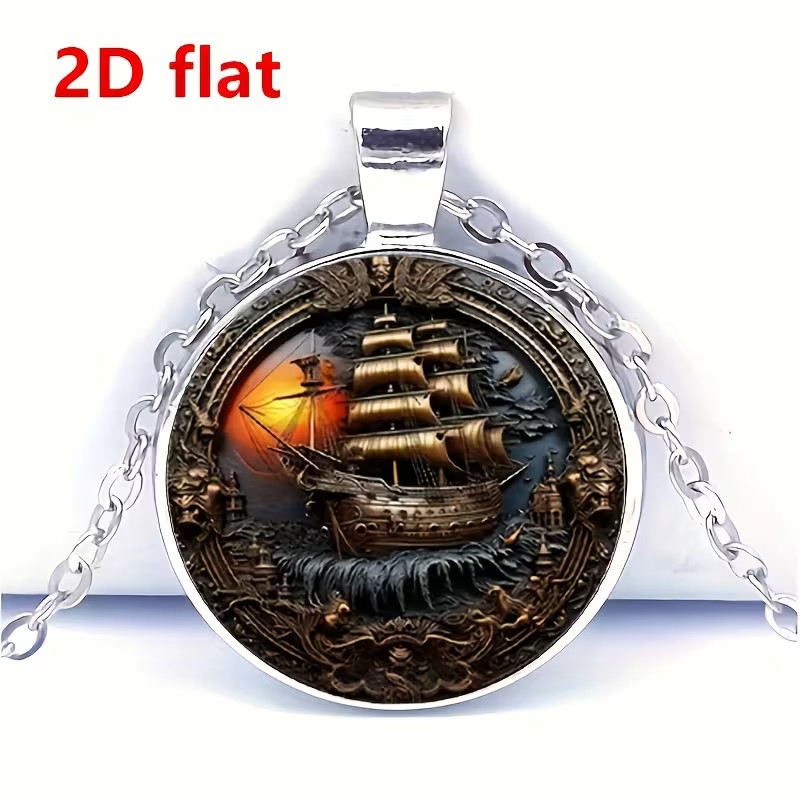 Sailing Ship Round Necklace Jewelry Nautical Corsair Boat Pendant