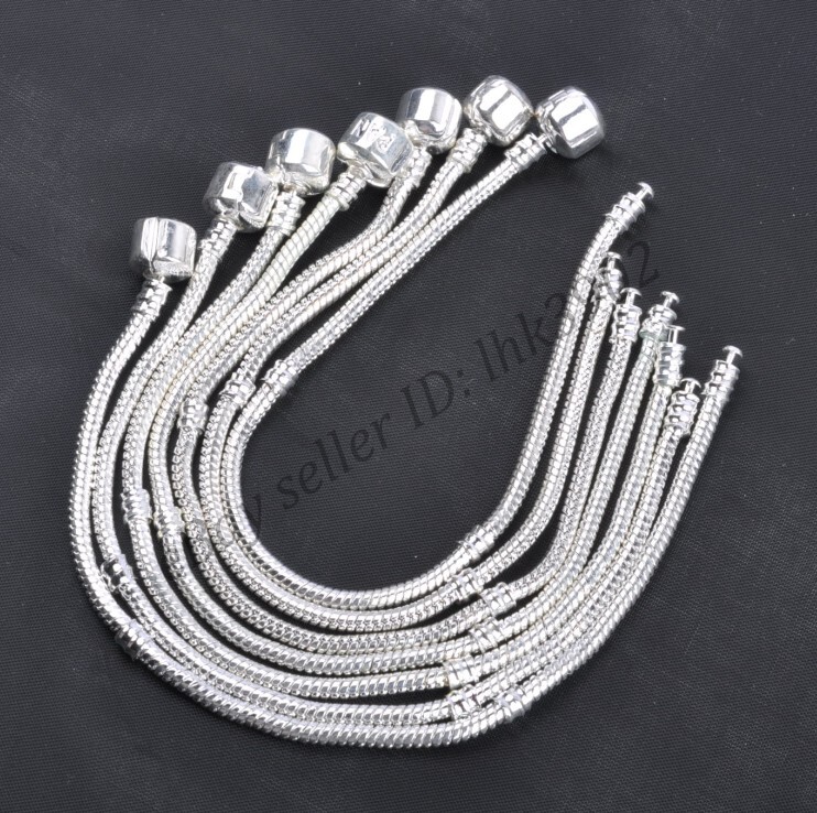 5/10Pcs Snake Chain Bracelet Plain Clasp Fit European Beads Silver Charms