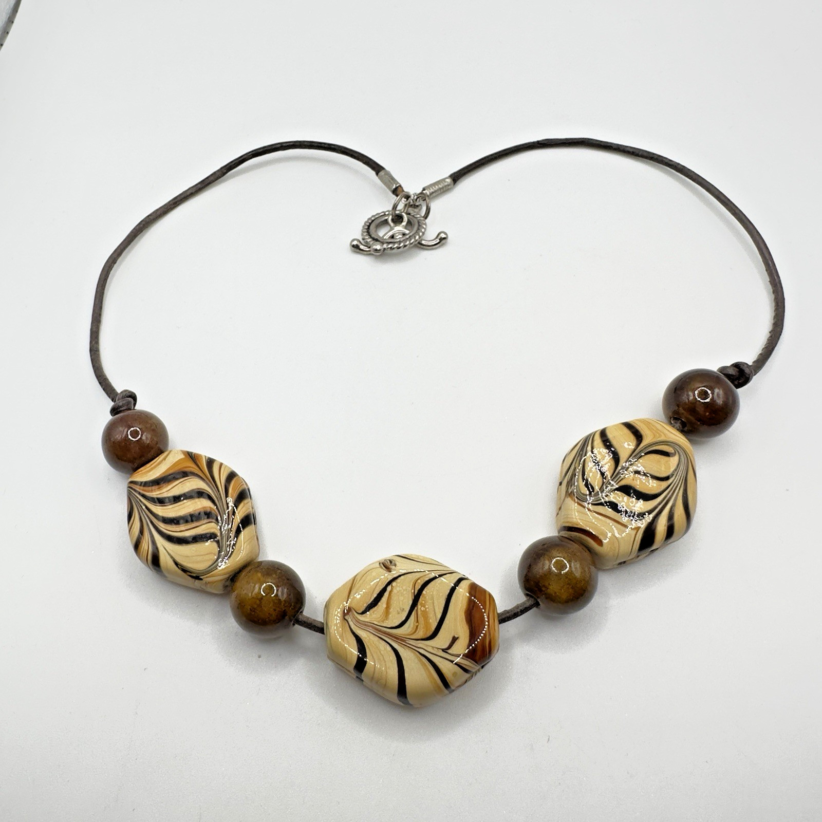 Chunky Boho Glass Ceramic Necklace 18 Inch Tans & Brown Handmade 19″ Leather