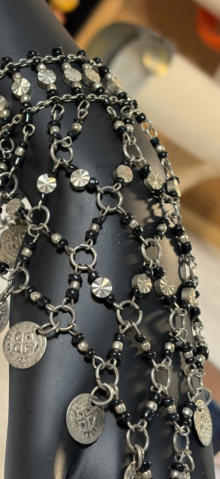 Boho Blck Bead Silver Coin Hand Chain Slave Bracelet Ring Hathphool Belly Dance