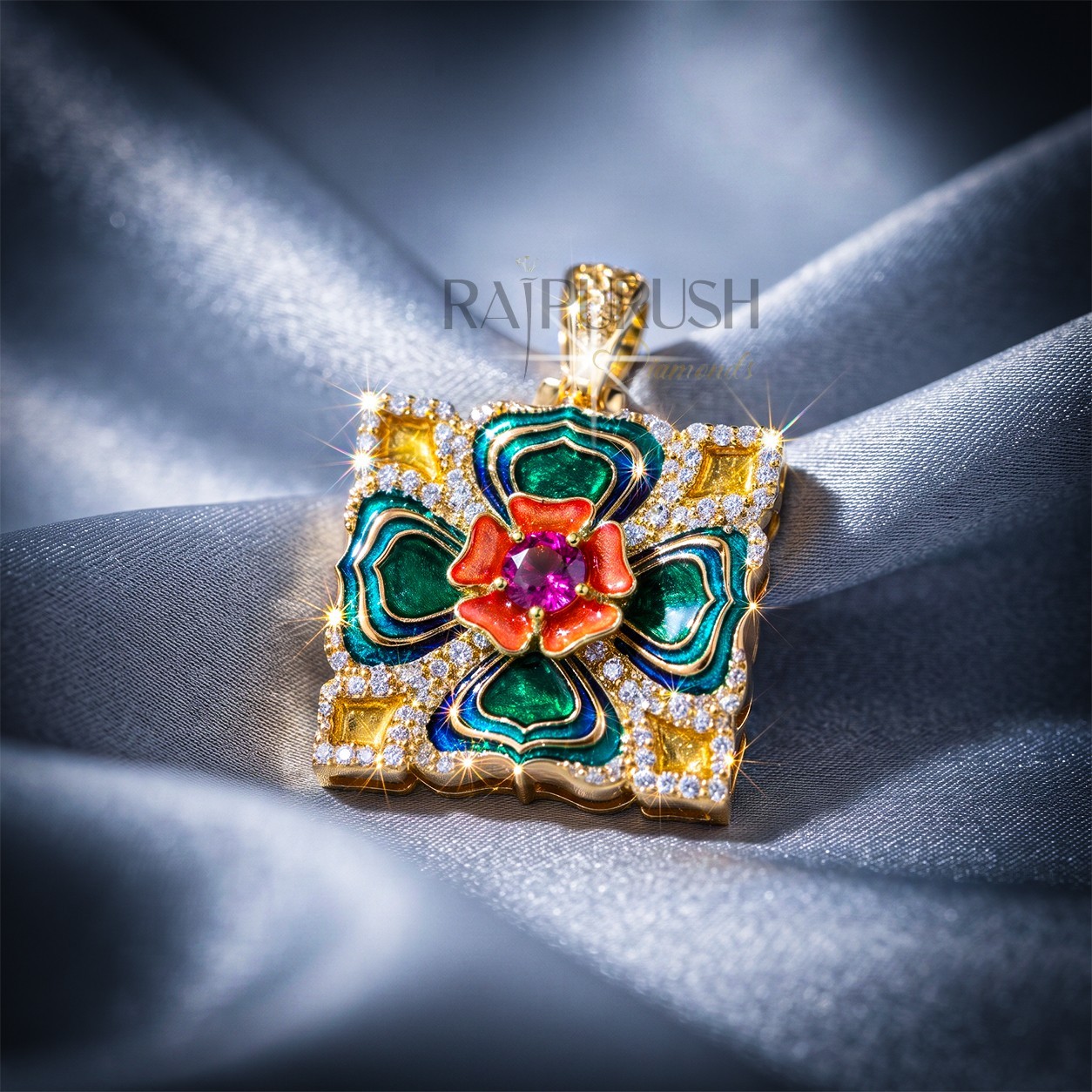 Iced Out Moissanite Enamel Vintage Floral Cross Pendant Gold Plated Silver Charm