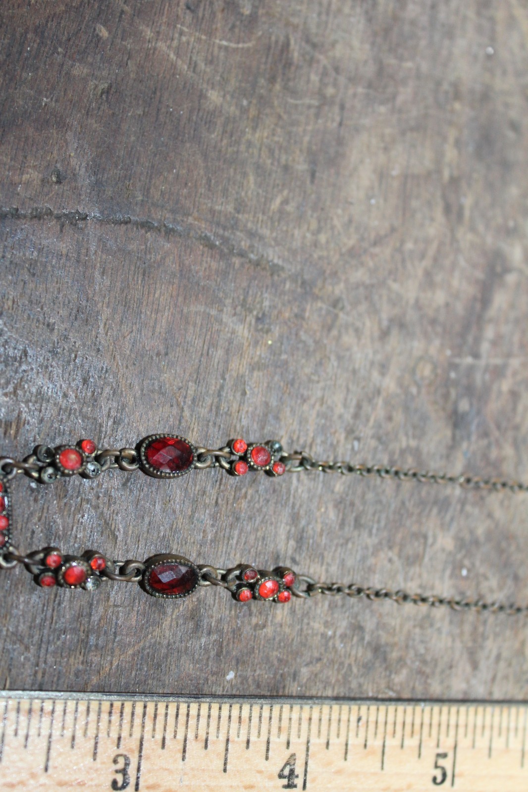 Vintage Aged Brass Finish Red Stones Pendant Necklace Approx 20″