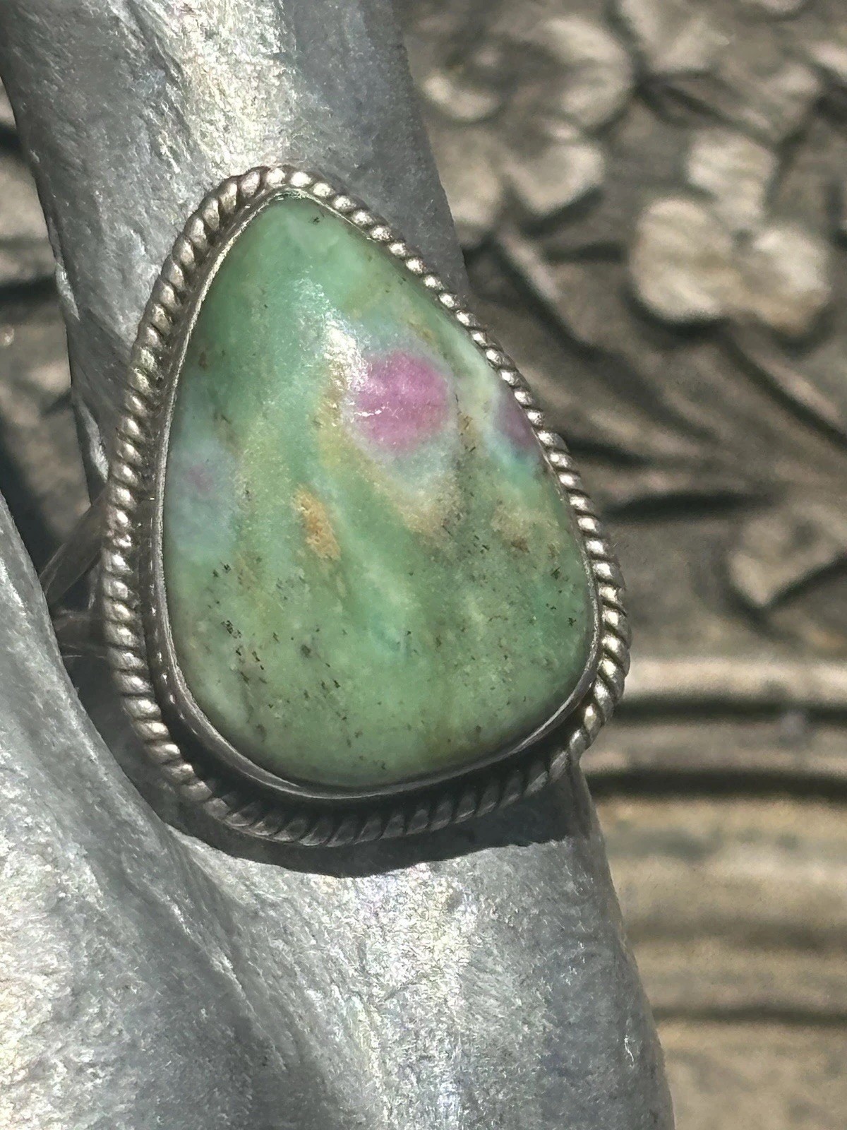Handmade sterling silver Ruby in fuschite gemstone bezel set ring size 7