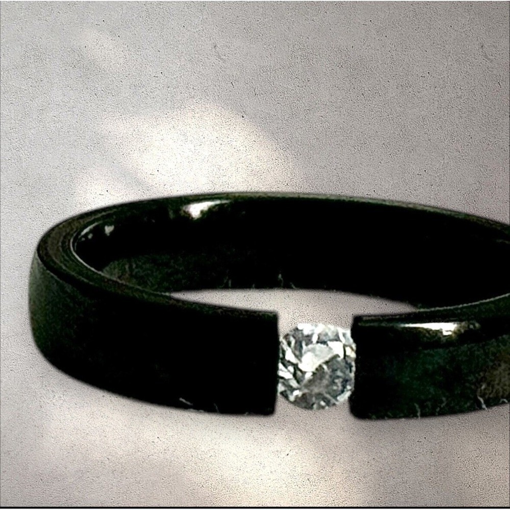 Minimalist Black Stainless Steel Ring with Center Simulated Diamond Size 7