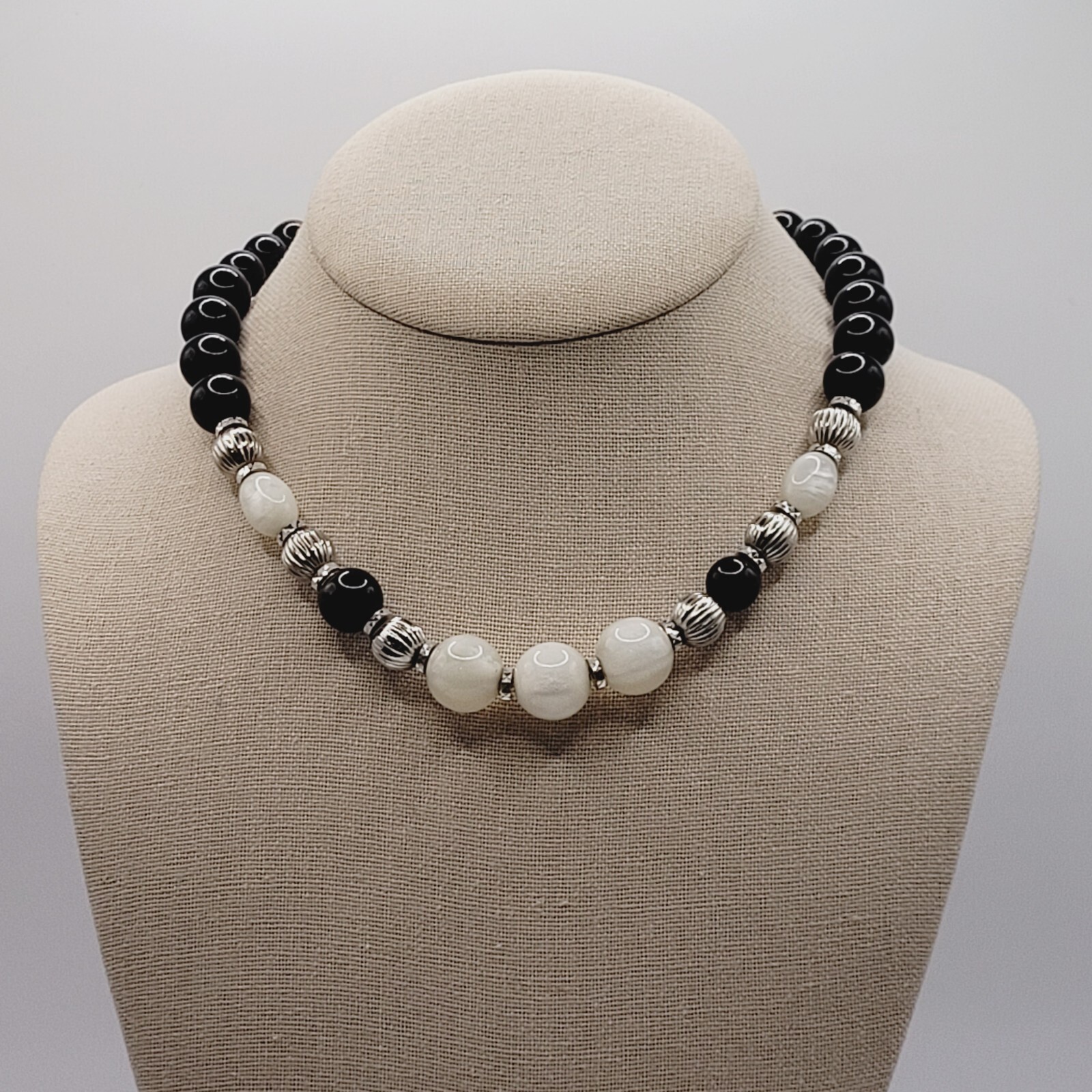 1928 Graduated Black and White Lucite Glow Beaded Necklace Silver Tone Unmarked