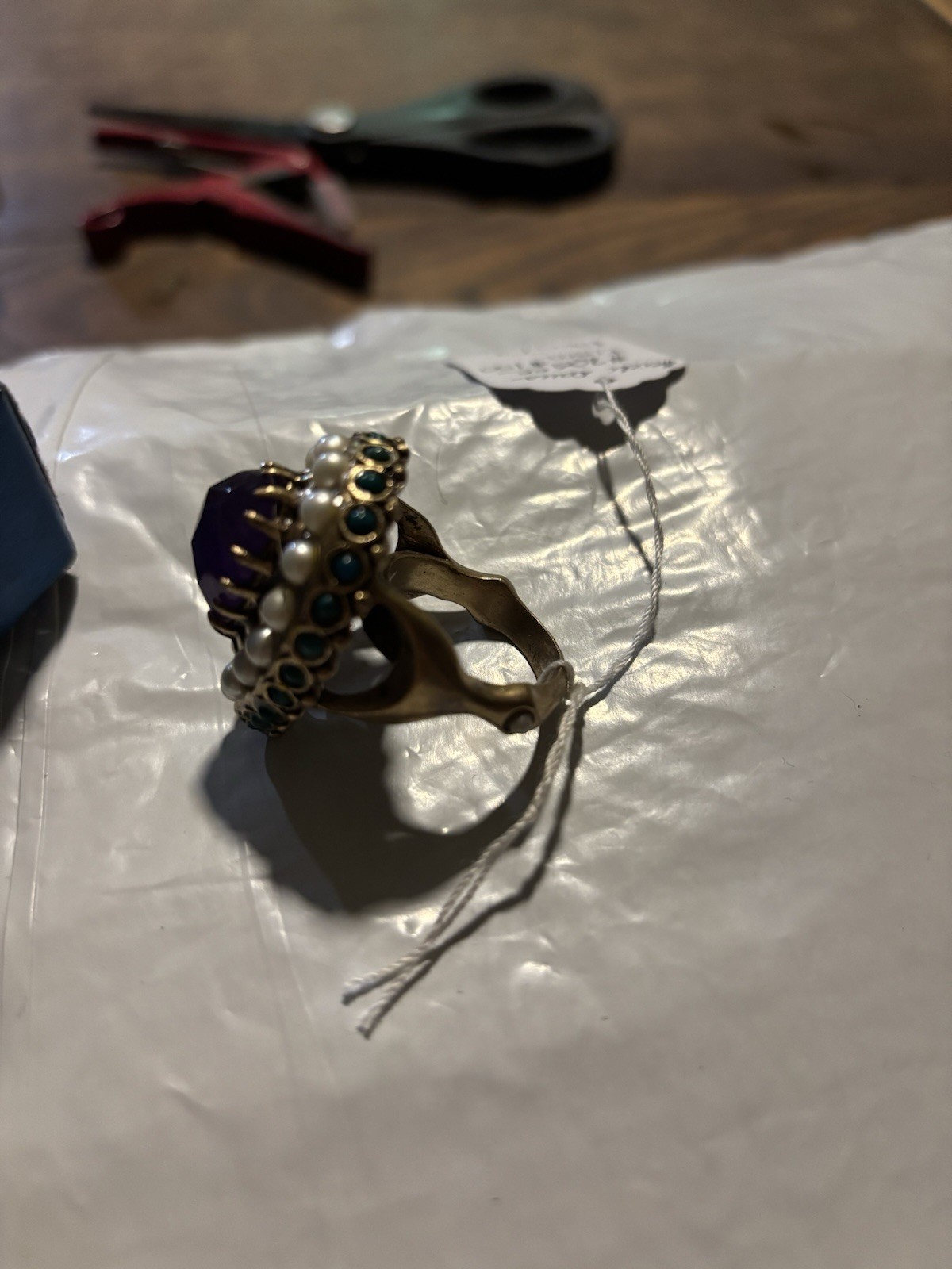 Gold Tone Cocktail Ring Oval Purple Cabochon Stone Pearl Halo Blue Accents