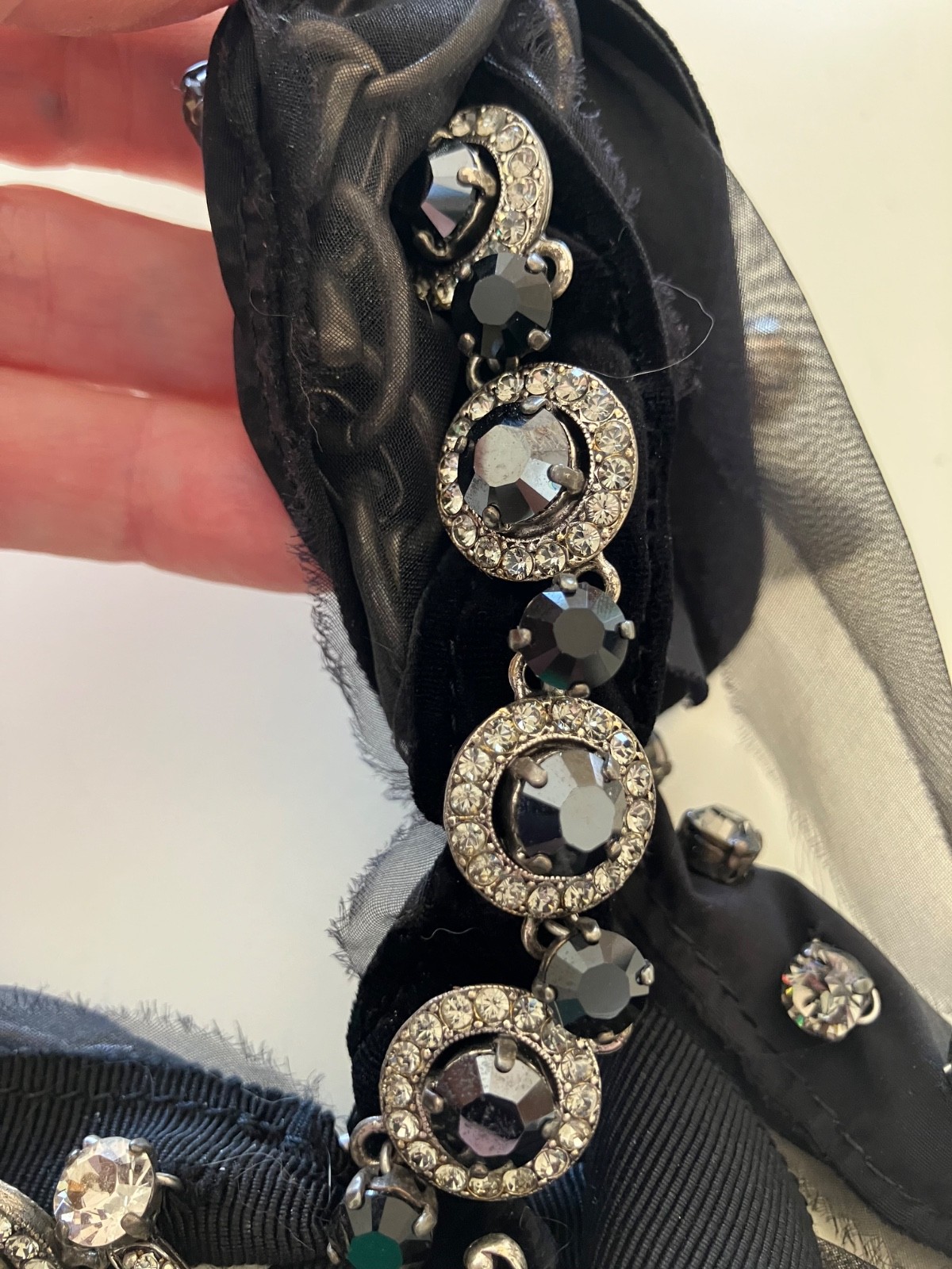 Lanvin Central Spider with Gray, Black, Clear Stones Ribbon and Tulle Necklace