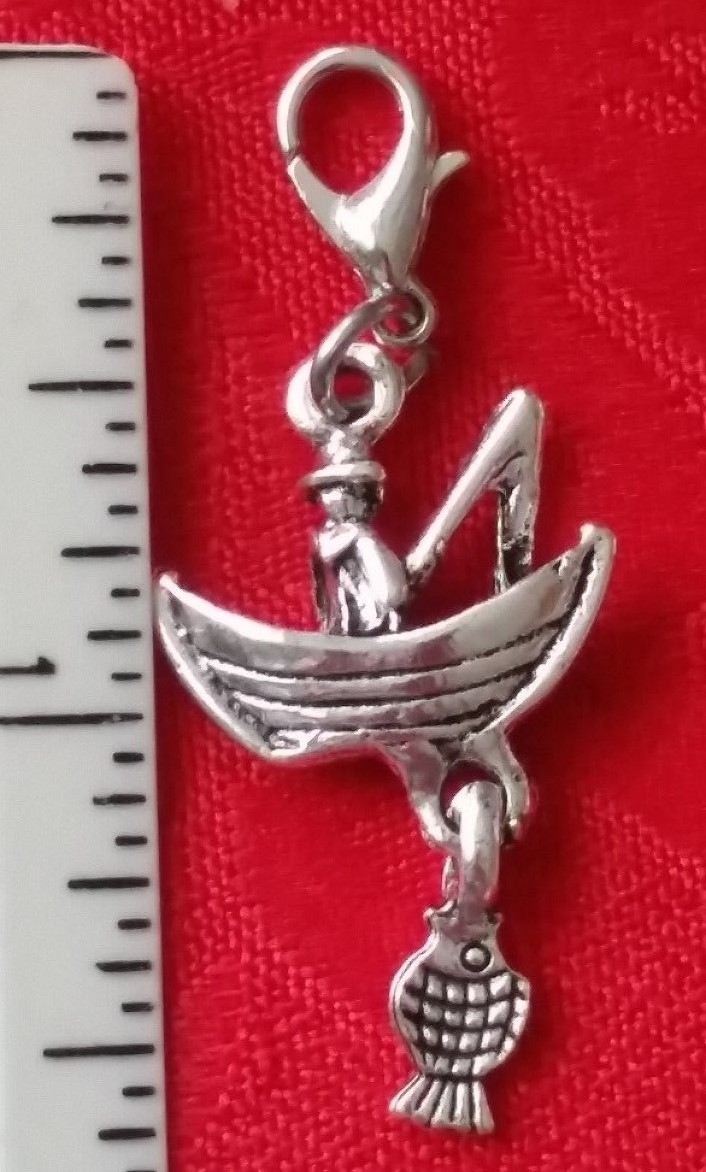 ANTIQUE SILVER CHARM – FISHERMAN – BOAT – FISHING – NAUTICAL – FISH – LAKE