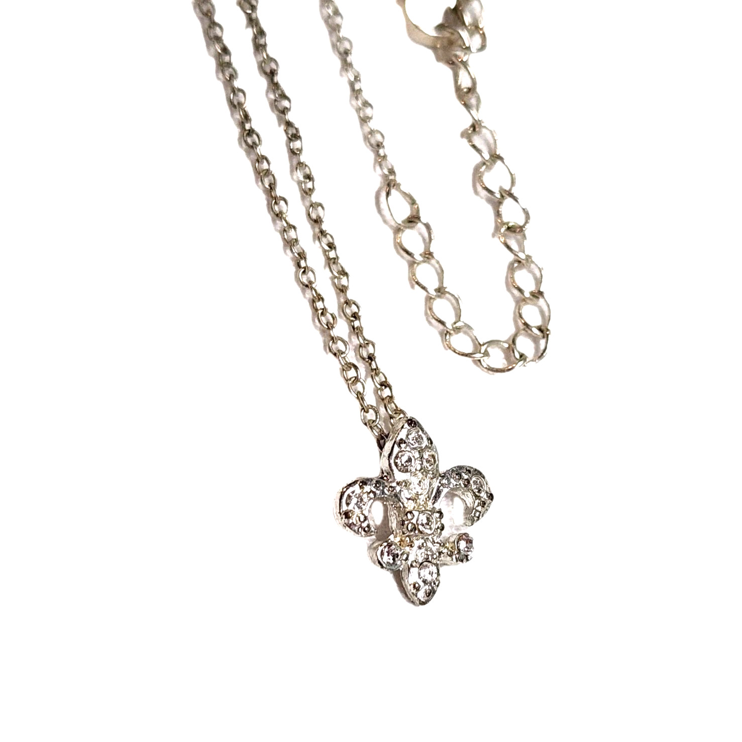 Dainty White Rhinestones & Silver Tone Fleur De Lis Pandant Charm Necklace 18″