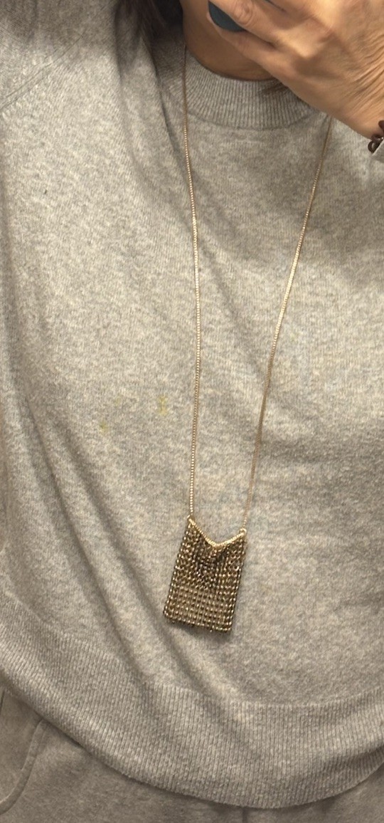 NIB Zara Rhinestone Bag Pendant Long Necklace 33” in Gold Color
