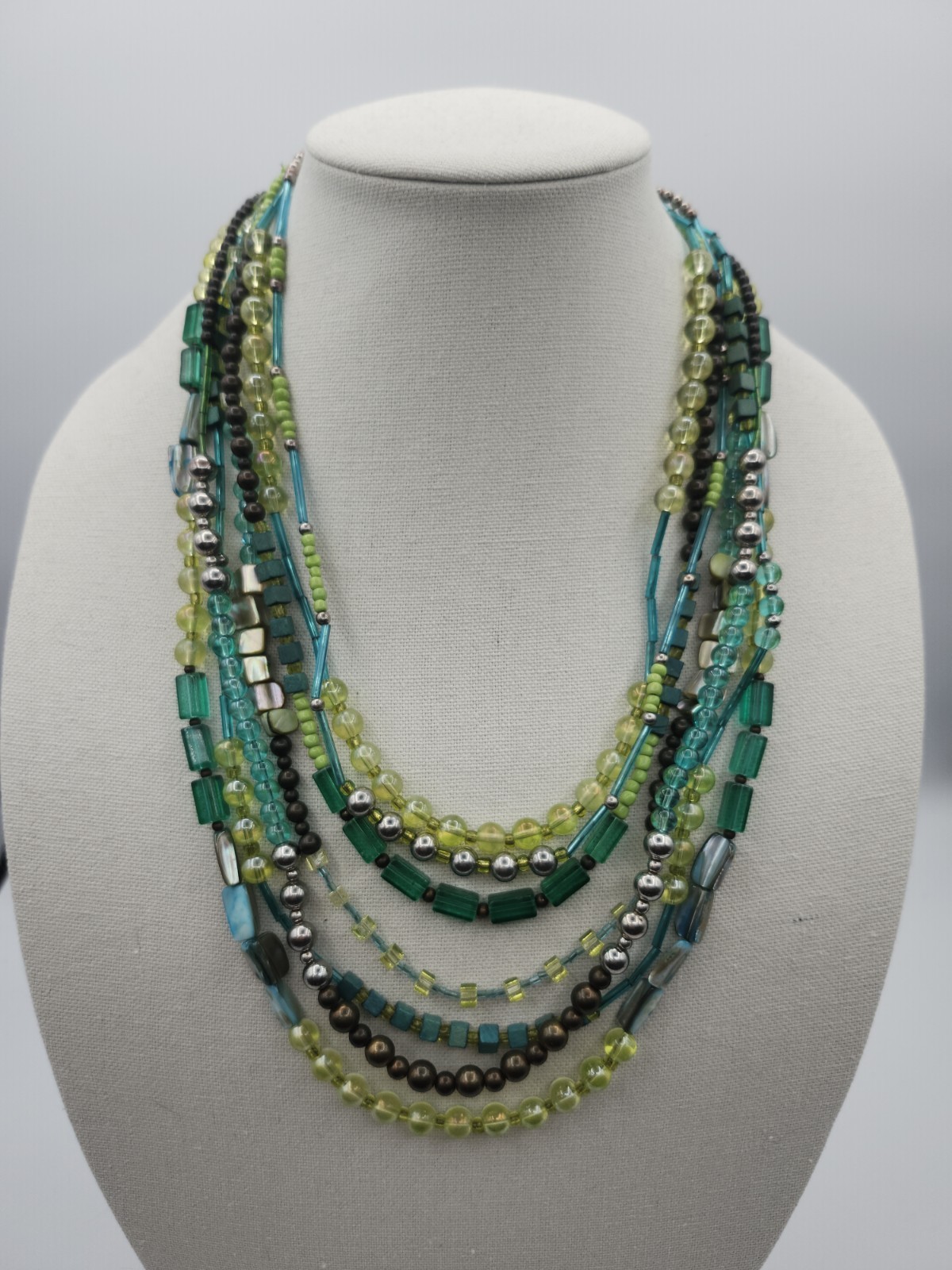 Chicos Beaded Layered Necklace Green Teal Blue Chunky Statement Bib Boho 18″-22″