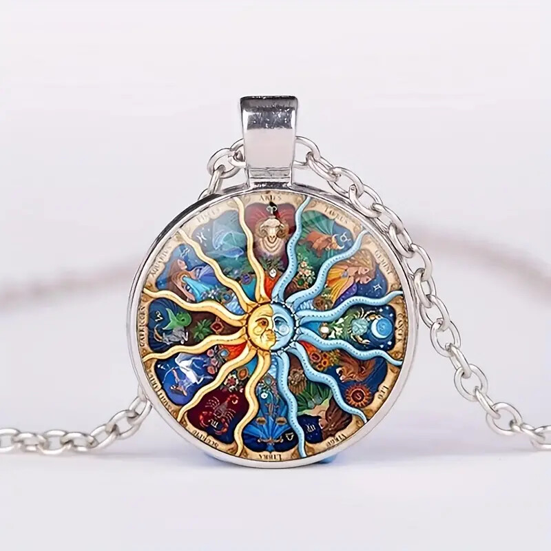 Beautiful 12 Constellations Sun Time Gem Round Pendant Necklace